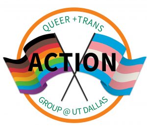 Queer & Trans Action Group @ UT Dallas, logo with queer and trans pride flags